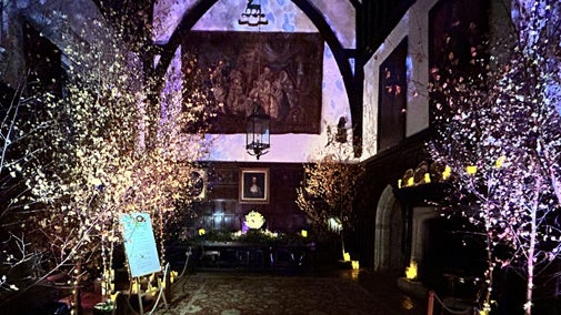 The Great Hall at Ightham Mote lit up for 'A Timeless Christmas'